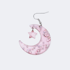 Pink Clear Moon Earrings with Sparkling Stars