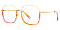 Wade is a pair of square eyeglasses. Its lower frame and temples feature a captivating red floral pa