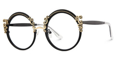 Black Retro Round Glasses With Carved Floral Pattern