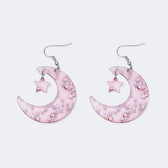 Pink Clear Moon Earrings with Sparkling Stars