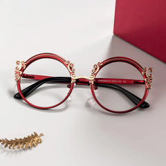 Red Round Glasses Frames With Carved Floral Pattern