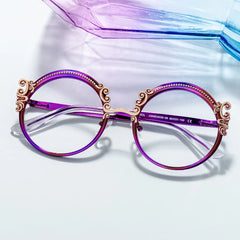 Purple Metal Eyeglasses For Women With Carved Floral Pattern