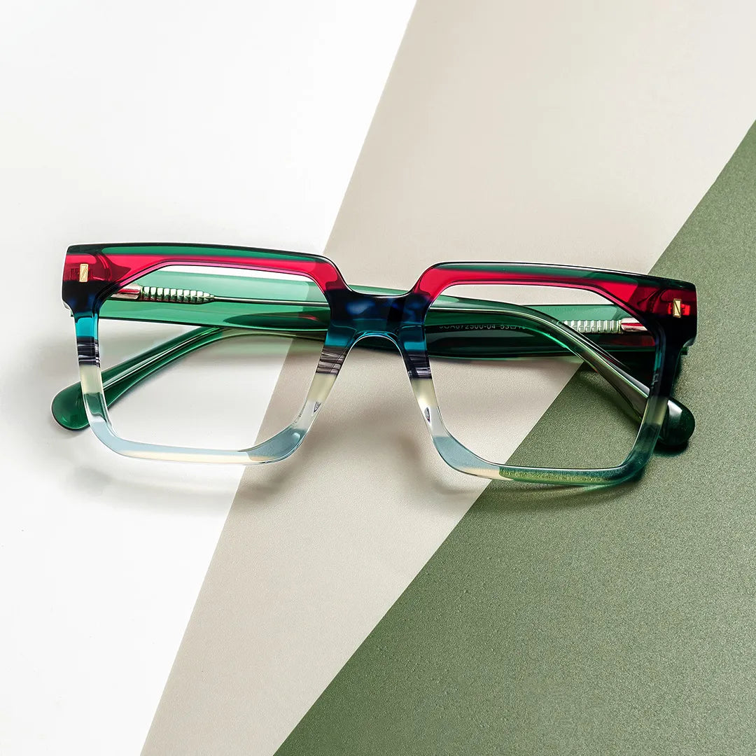 Big Rectangle Glasses With Transparent Green Temples