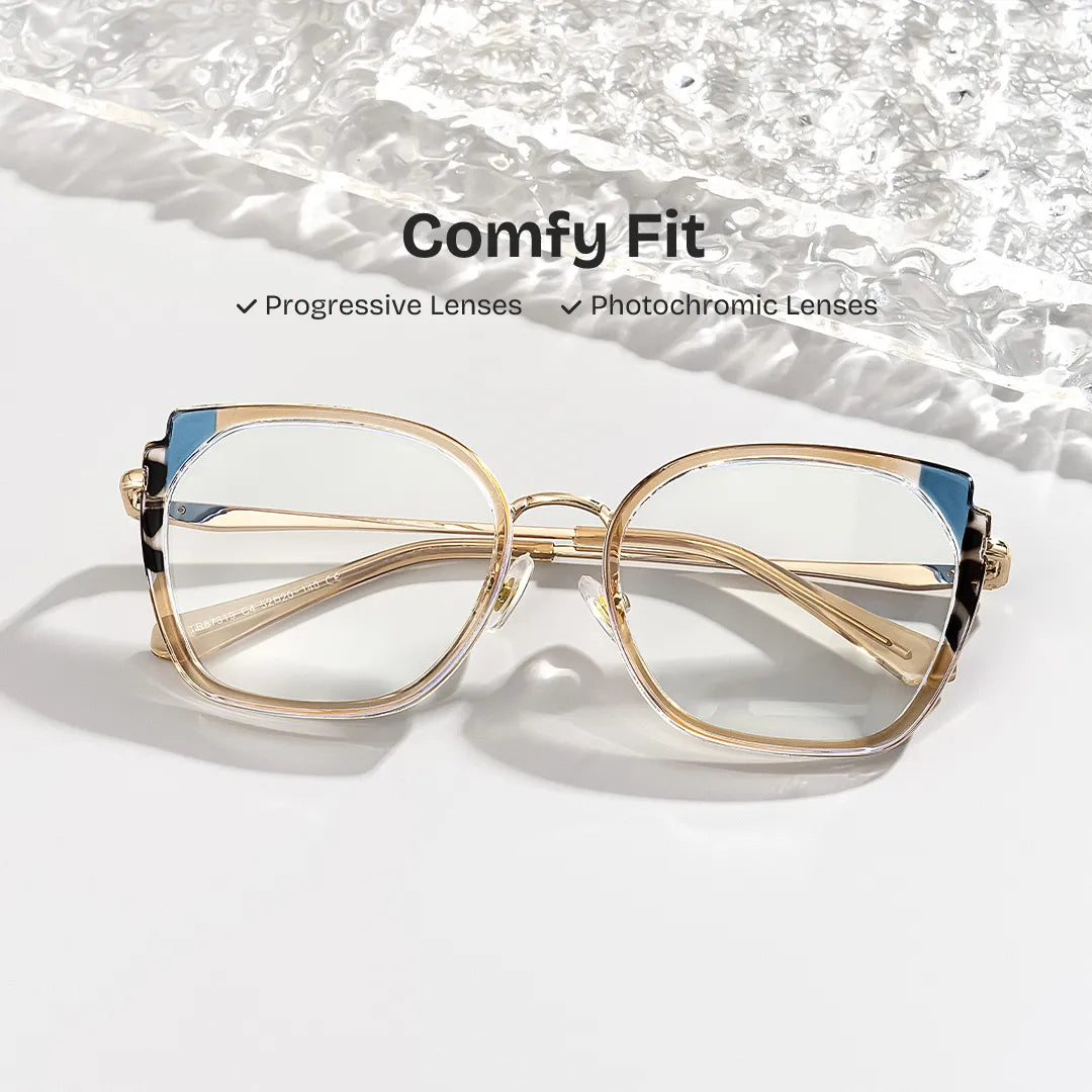 Beige Metal Frame Glasses With Wide Size For Women