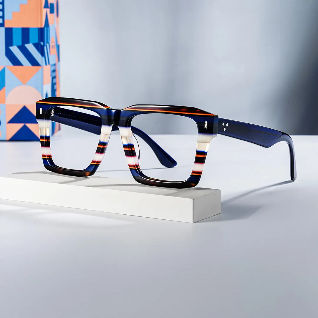 Large Square Frame Eyeglasses With Blue and White Stripes