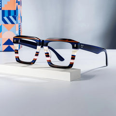Large Square Frame Eyeglasses With Blue and White Stripes
