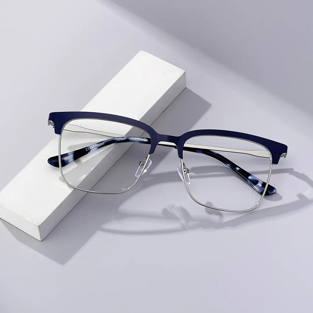 Cleo Blue Silver Frame Glasses with Browline Frame Online | ZEELOOL