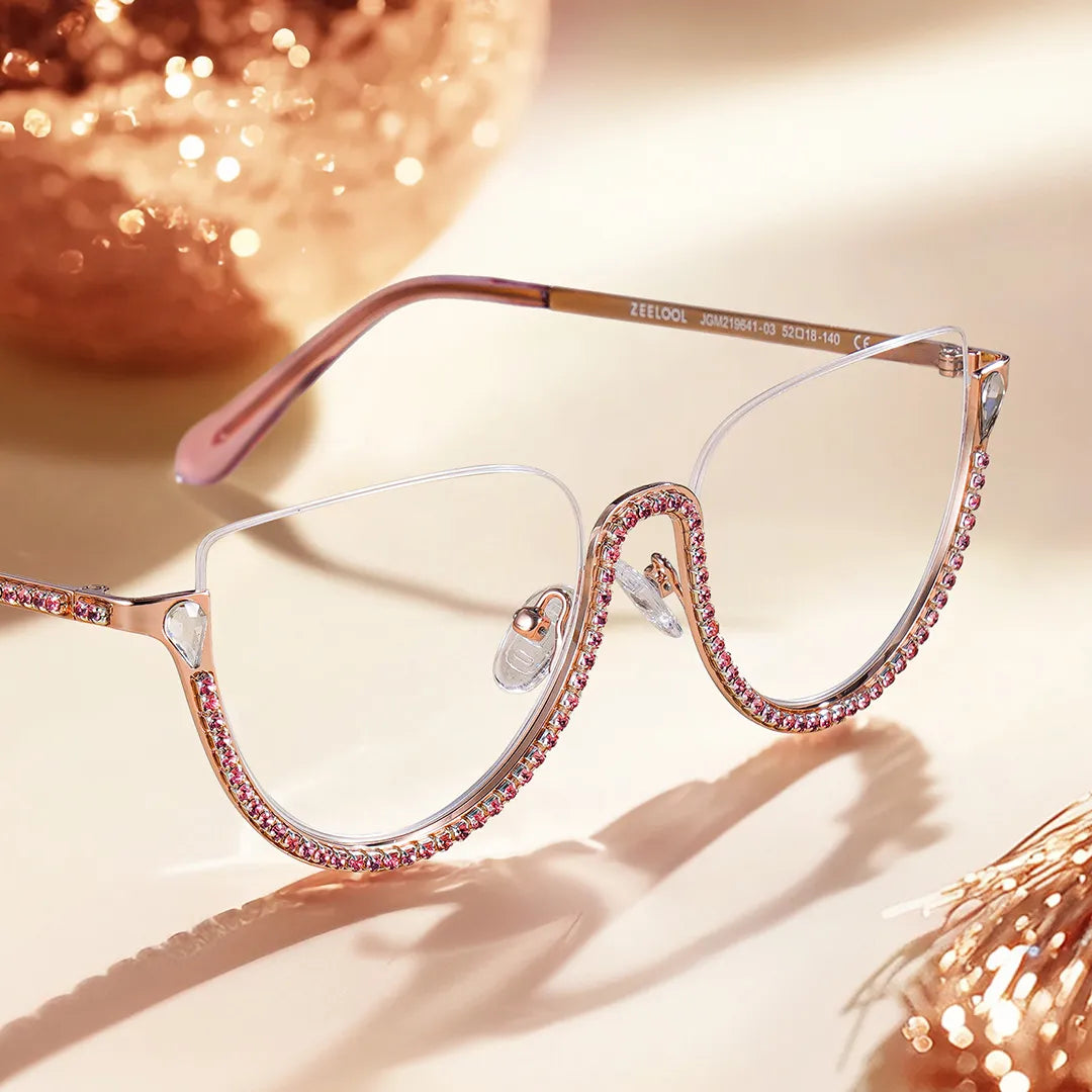 Half Frame Cat Eye Glasses With Shiny Pink Diamonds