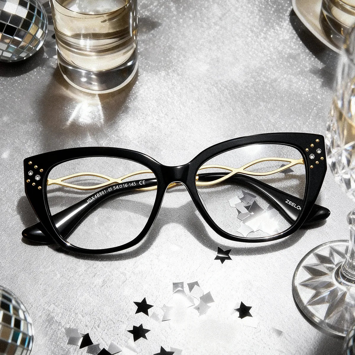 Alma Butterfly Black Glitter Eyeglasses | ZEELOOL