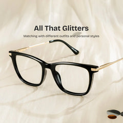 Selena Rectangle Black and Gold Frame Glasses | ZEELOOL
