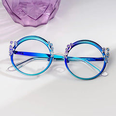 Blue Retro Round Glasses With Carved Floral Pattern