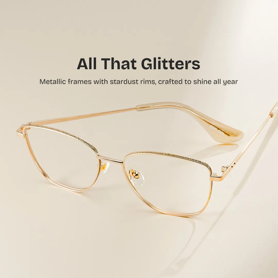 Skyler Square Gold Metal Glitter Frame Glasses | ZEELOOL