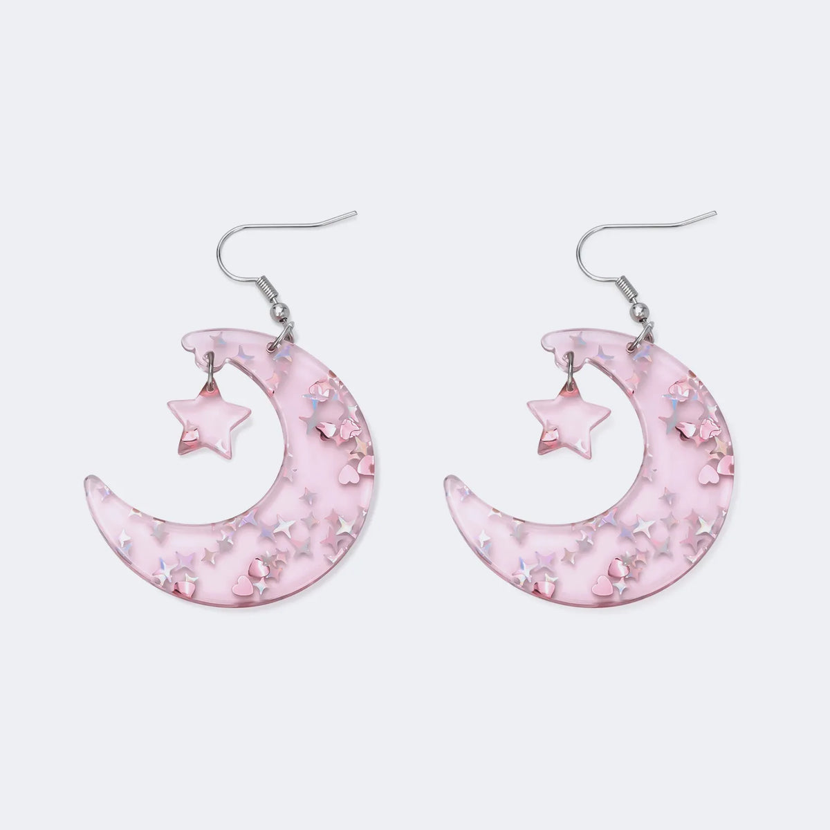 Pink Clear Moon Earrings with Sparkling Stars