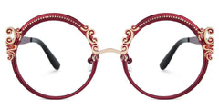 Red Round Glasses Frames With Carved Floral Pattern