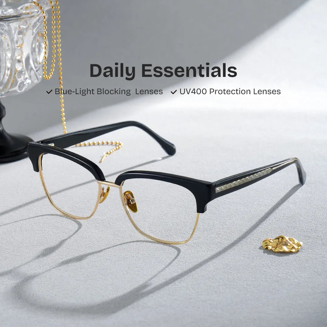 Browline Black Gold Eyeglasses- Ellis Mixed Frame Glasses