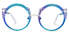 Blue Retro Round Glasses With Carved Floral Pattern