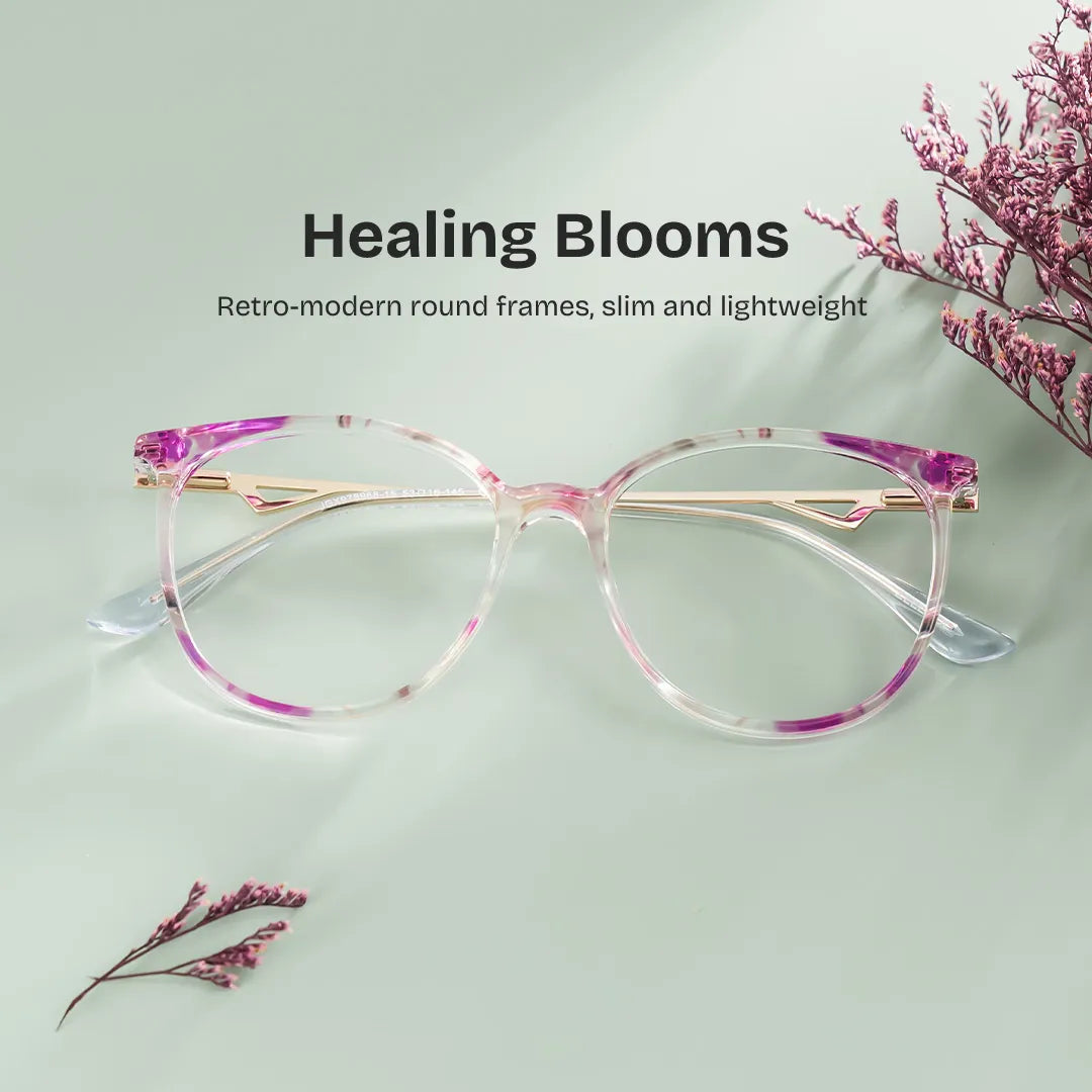 Chanty Floral Eyeglass Frames - Purple Round Mixed Glasses | ZEELOOL