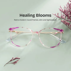 Chanty Floral Eyeglass Frames - Purple Round Mixed Glasses | ZEELOOL