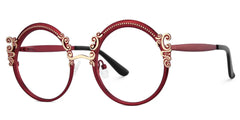 Red Round Glasses Frames With Carved Floral Pattern