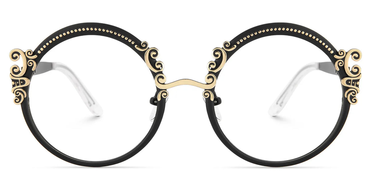 Black Retro Round Glasses With Carved Floral Pattern