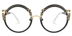 Black Retro Round Glasses With Carved Floral Pattern