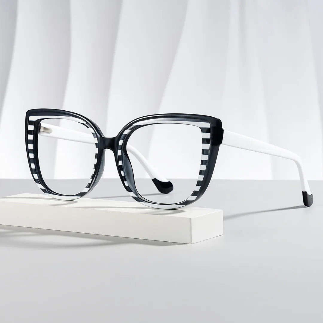 Large Black White Eyeglasses Frames With Cat Eye Shape